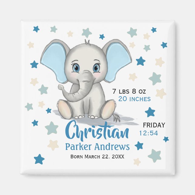 Cute Baby Elephant with Blue Ears Boy Birth Stats Magnet (Front)