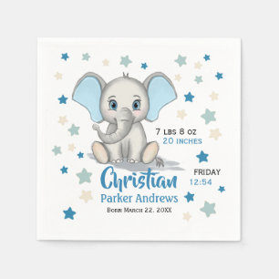 Cute Baby Elephant with Blue Ears Boy Birth Stats Napkin