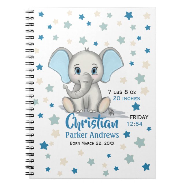 Cute Baby Elephant with Blue Ears Boy Birth Stats Notebook (Front)