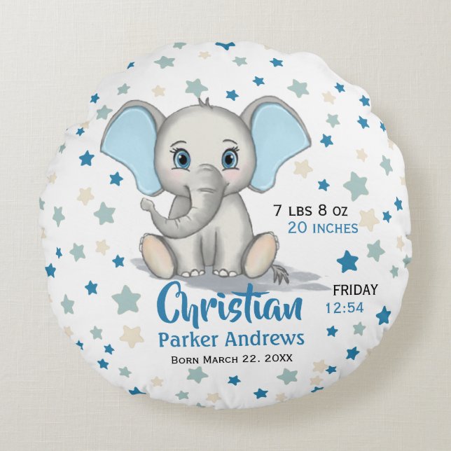 Cute Baby Elephant with Blue Ears Boy Birth Stats Round Pillow (Front)