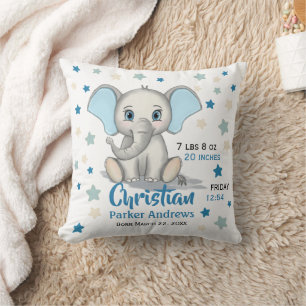 Cute Baby Elephant with Blue Ears Boy Birth Stats Throw Pillow