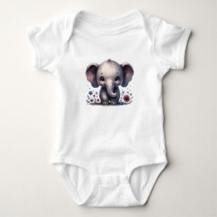 Cute Baby Elephant with Flowers Kawaii Animal Art Bodysuit