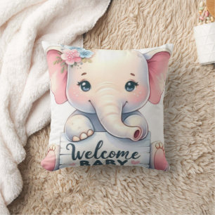 Cute Baby Elephant with Flowers Welcome Baby Art Throw Pillow