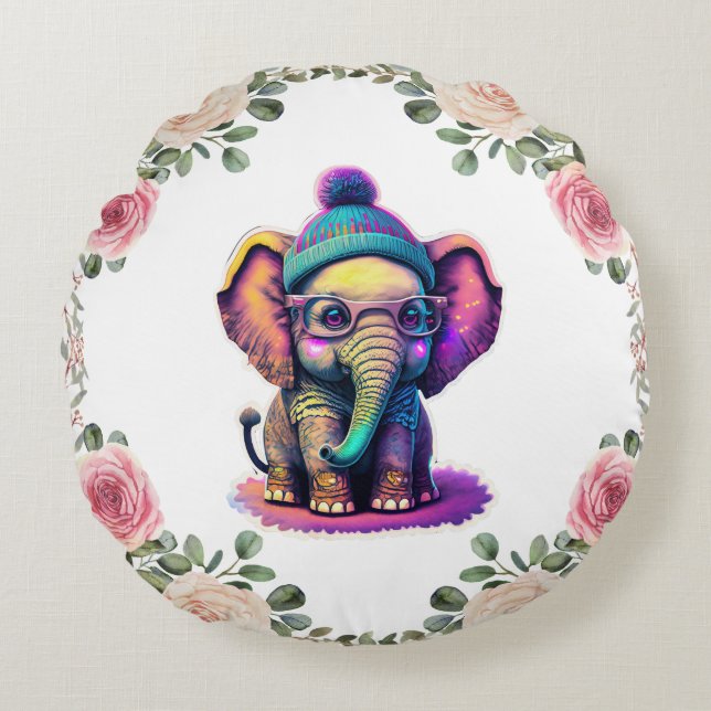 Cute Baby Elephant with Glasses and Beanie Round Pillow (Front)
