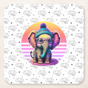 Cute Baby Elephant with Glasses and Beanie Square Paper Coaster
