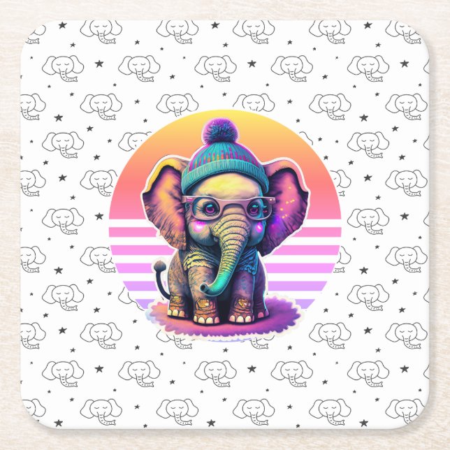 Cute Baby Elephant with Glasses and Beanie Square Paper Coaster (Front)
