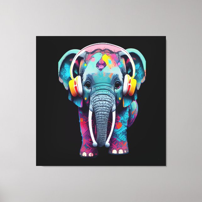 Cute Baby Elephant with Headphones Canvas Print (Front)