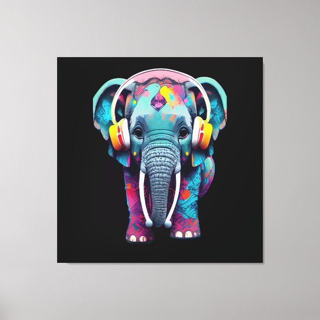 Cute Baby Elephant with Headphones Canvas Print (Front)