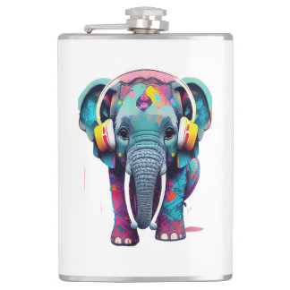 Cute Baby Elephant with Headphones Hip Flask
