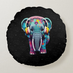 Cute Baby Elephant with Headphones Round Pillow