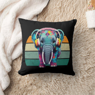 Cute Baby Elephant with Headphones Throw Pillow