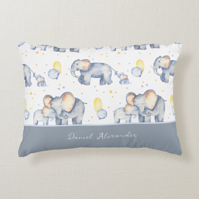 Cute Baby Elephant with Mommy Watercolor Accent Pillow (Front)
