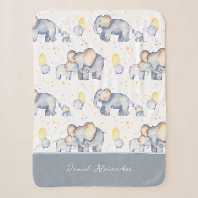 Cute Baby Elephant with Mommy Watercolor Sherpa Blanket (Front)