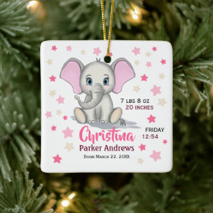 Cute Baby Elephant with Pink Ears Girl Birth Stats Ceramic Ornament