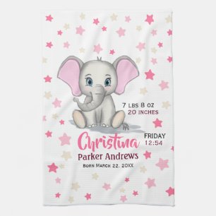 Cute Baby Elephant with Pink Ears Girl Birth Stats Kitchen Towel
