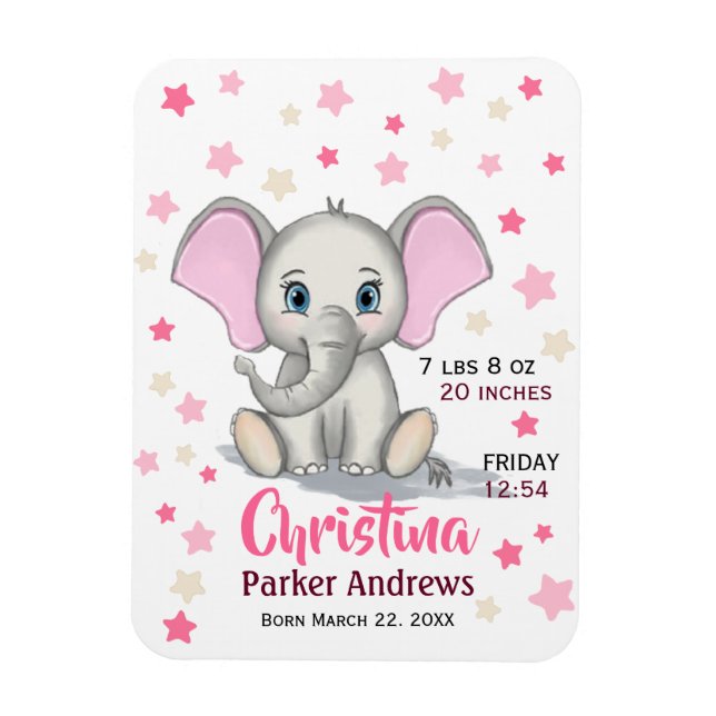 Cute Baby Elephant with Pink Ears Girl Birth Stats Magnet (Vertical)