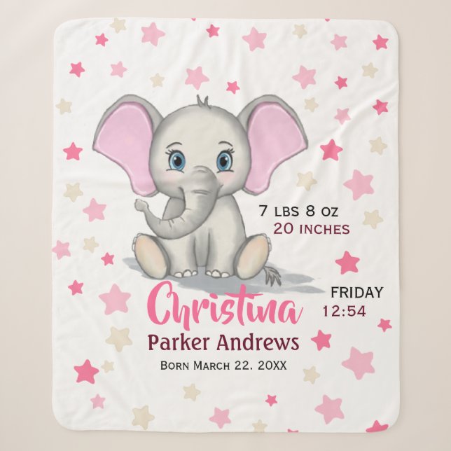 Cute Baby Elephant with Pink Ears Girl Birth Stats Sherpa Blanket (Front)