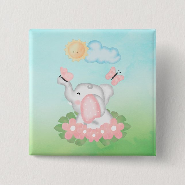 Cute Baby Elephant with pink flowers  2 Inch Square Button (Front)