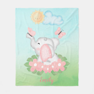 Cute Baby Elephant with pink flowers  Fleece Blanket