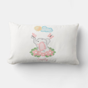 Cute Baby Elephant with pink flowers  Lumbar Pillow