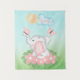 Cute Baby Elephant with pink flowers  Tapestry