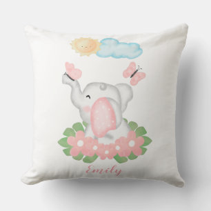 Cute Baby Elephant with pink flowers  Throw Pillow