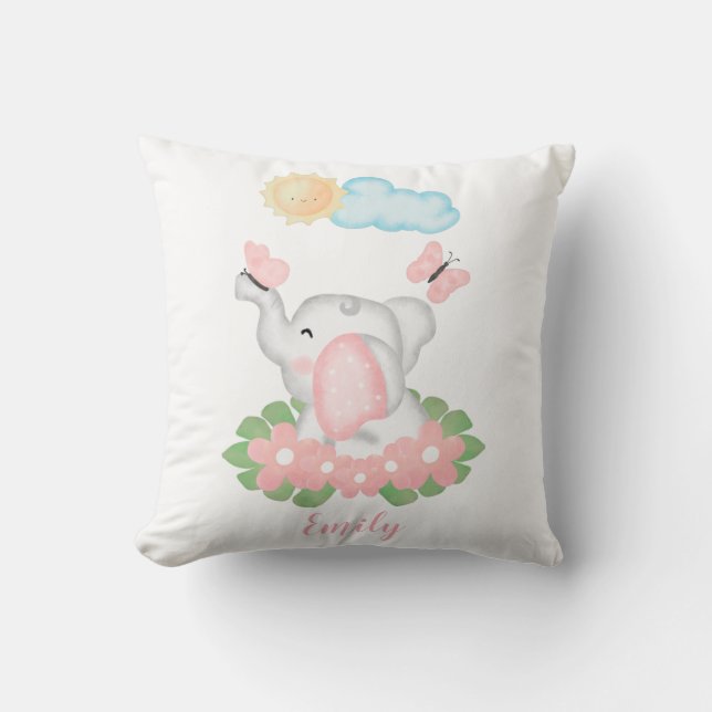 Cute Baby Elephant with pink flowers  Throw Pillow (Front)