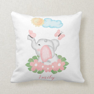 Cute Baby Elephant with pink flowers  Throw Pillow