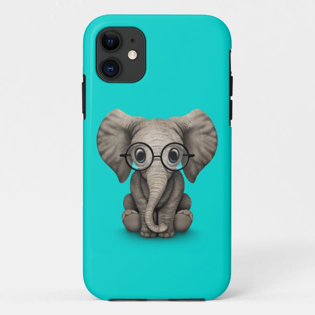 Cute Baby Elephant with Reading Glasses Blue Case-Mate iPhone Case (Back)