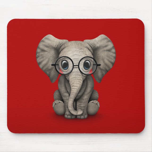 Cute Baby Elephant with Reading Glasses Red Mouse Pad (Front)