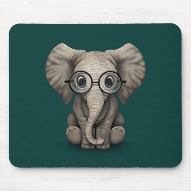Cute Baby Elephant with Reading Glasses Teal Mouse Pad (Front)