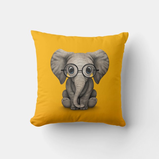 Cute Baby Elephant with Reading Glasses Yellow Throw Pillow (Front)