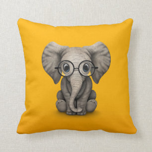 Cute Baby Elephant with Reading Glasses Yellow Throw Pillow