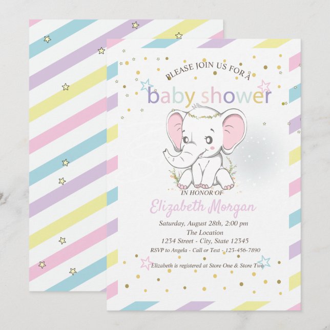 Cute Baby Elephants Stars Baby Shower Invitation (Front/Back)