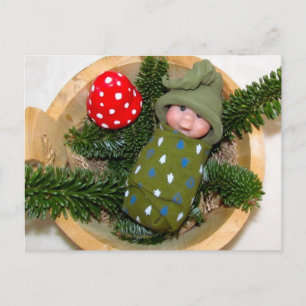 Cute Baby Elf on Pine with Toadstool: Polymer Clay Postcard