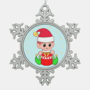 Cute Baby Elf & Stars on Light Blue Snowflake Pewter Christmas Ornament