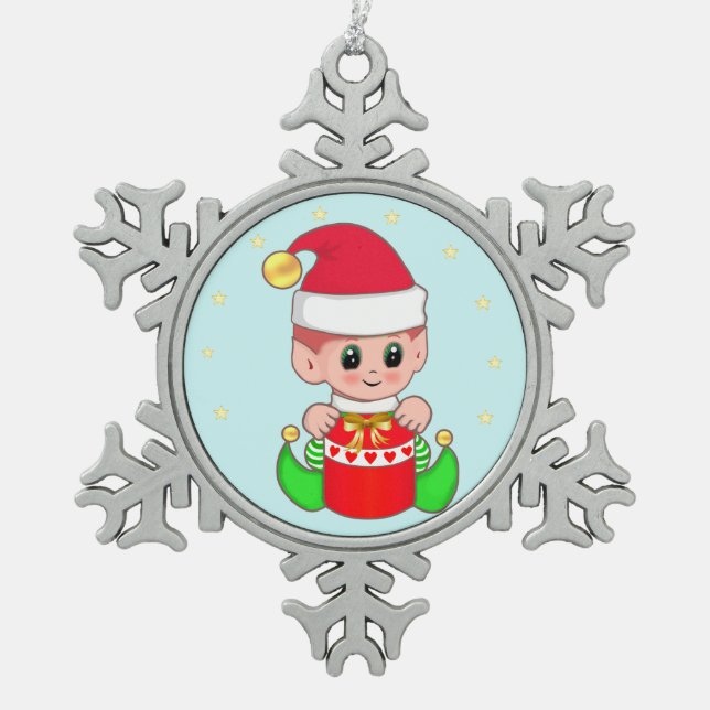 Cute Baby Elf & Stars on Light Blue Snowflake Pewter Christmas Ornament (Front)