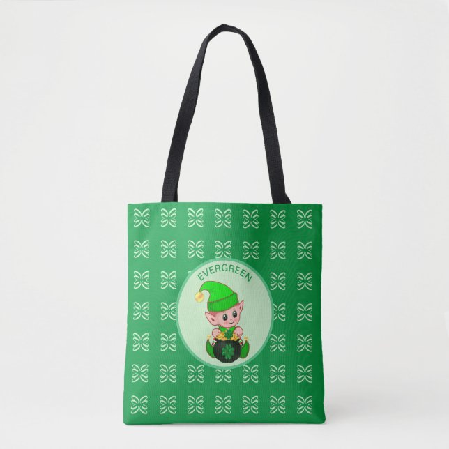 Cute baby elf with clovers & gold coins on green tote bag (Front)