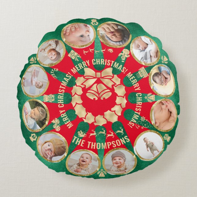 Cute Baby Family Milestone 12 Photo Collage Wreath Round Pillow (Front)