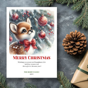 Cute Baby Fawn Winter Scene Watercolor Christmas  Holiday Card