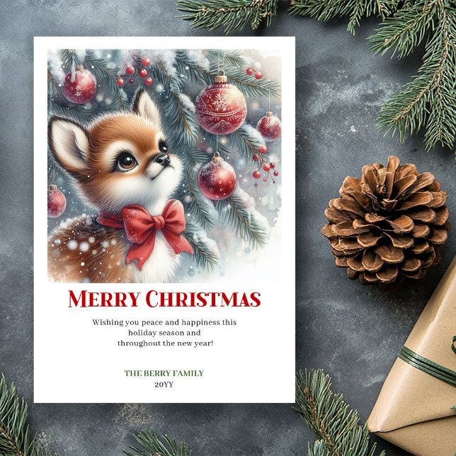 Cute Baby Fawn Winter Scene Watercolor Christmas  Holiday Card (Cute Baby Fawn Winter Scene Watercolor Christmas Greeting

)
