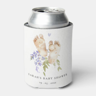 Cute Baby Feet Blue Floral Boy Baby Shower Can Cooler
