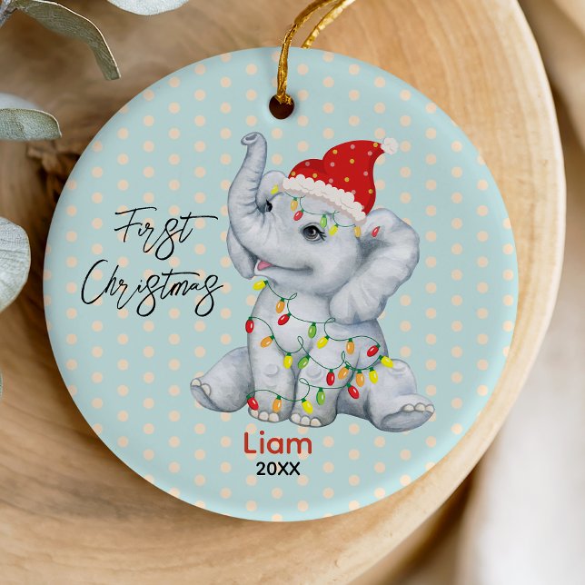 Cute baby first Christmas lights cute elephant  Ceramic Ornament (Creator Uploaded)