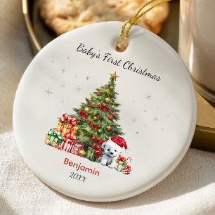 Cute baby first Christmas tree presents teddy bear Ceramic Ornament
