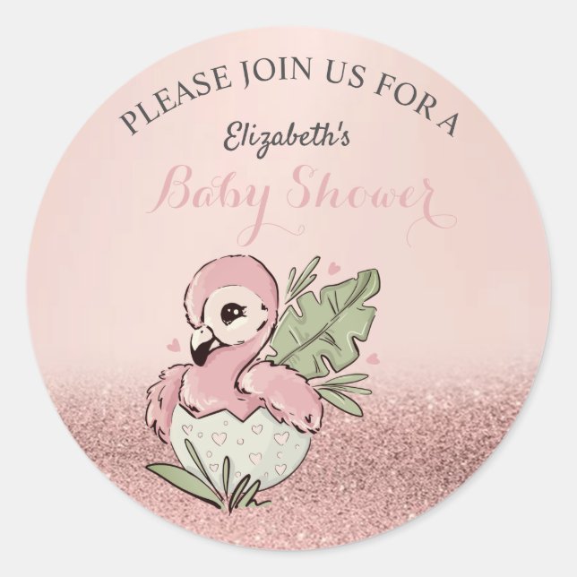 Cute Baby Flamingo Rose Gold Glitter Baby Shower  Classic Round Sticker (Front)