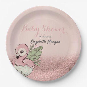 Cute Baby Flamingo Rose Gold Glitter Paper Plate