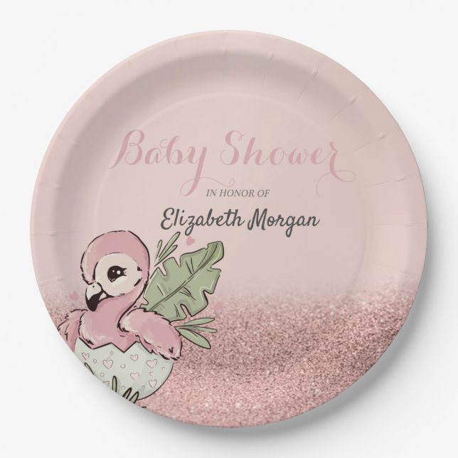 Cute Baby Flamingo Rose Gold Glitter Paper Plate (Front)