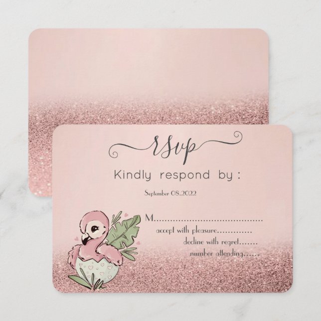 Cute Baby Flamingo Rose Gold Glitter RSVP Invitation (Front/Back)