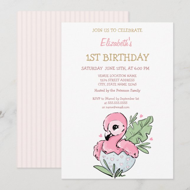 Cute Baby Flamingo Striped Birthday   Invitation (Front/Back)