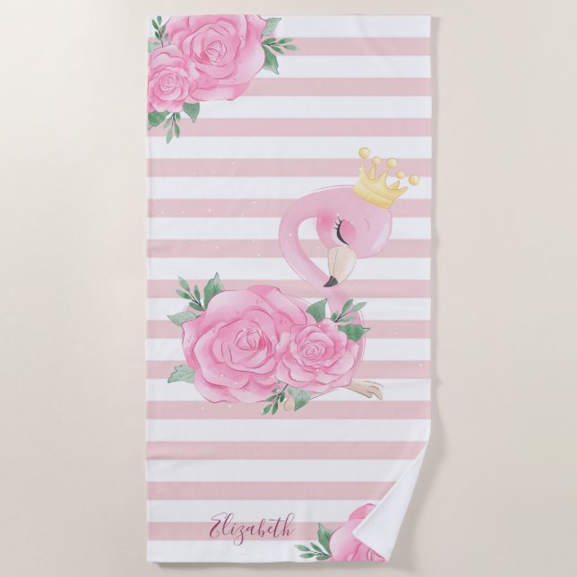 Cute Baby Flamingo, Stripes Beach Towel (Front)